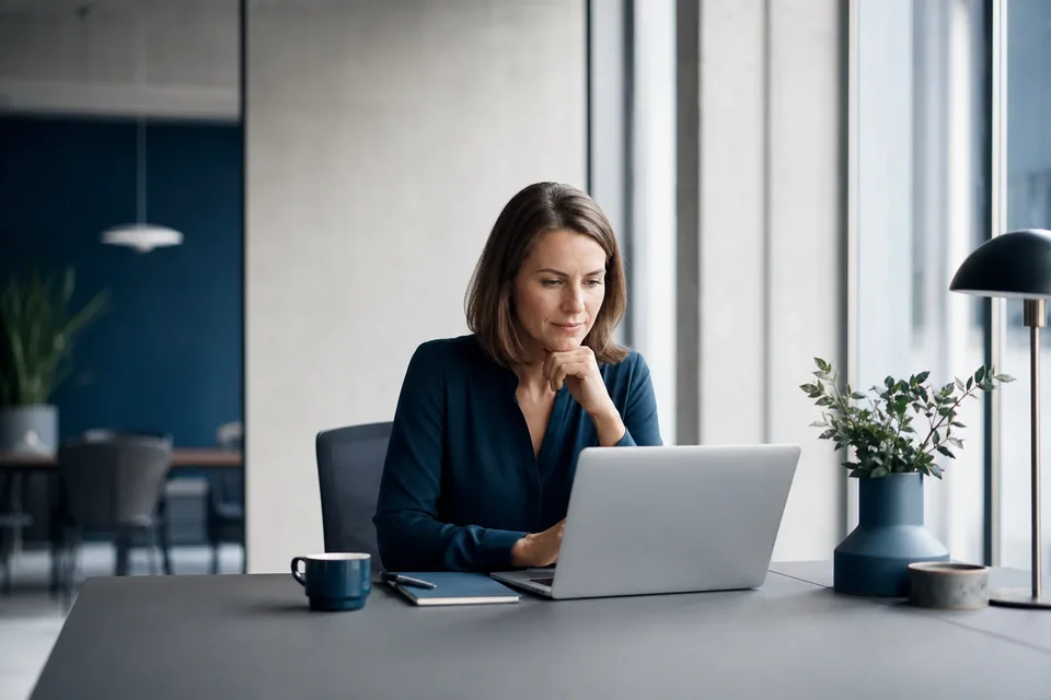 Mitarbeiterin eines Finanzdienstleisters prüft aufmerksam eine E-Mail am Arbeitsplatz.