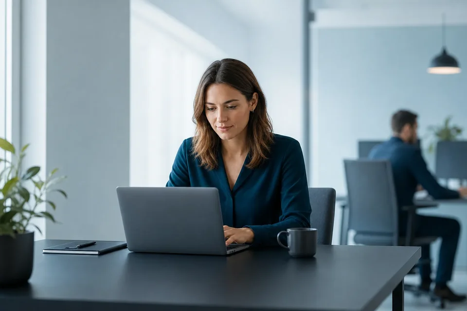 Konzentrierte Mitarbeiterin prüft eine E-Mail in einer modernen FinTech-Arbeitsumgebung.
